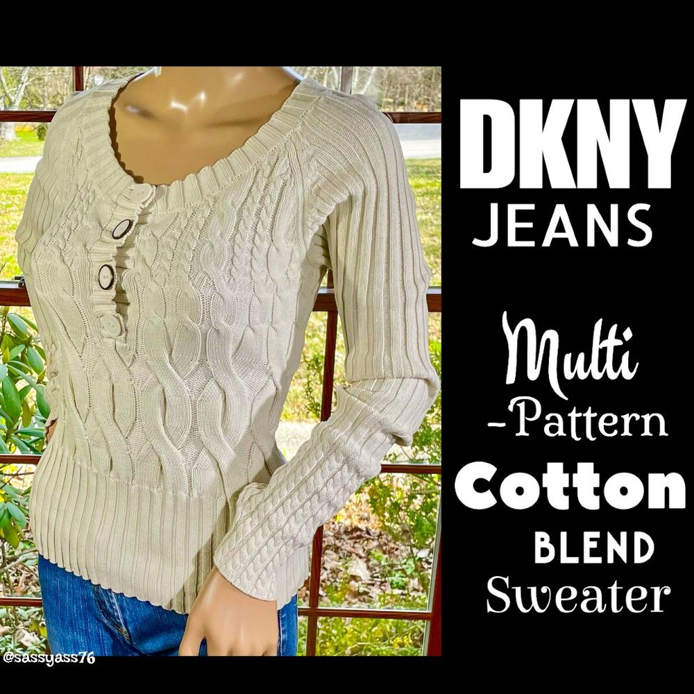 ▪️DKNY JEANS▪️Cream Multi-Pattern Knit Cotton Blend Fitted Sweater - Picture 1 of 7